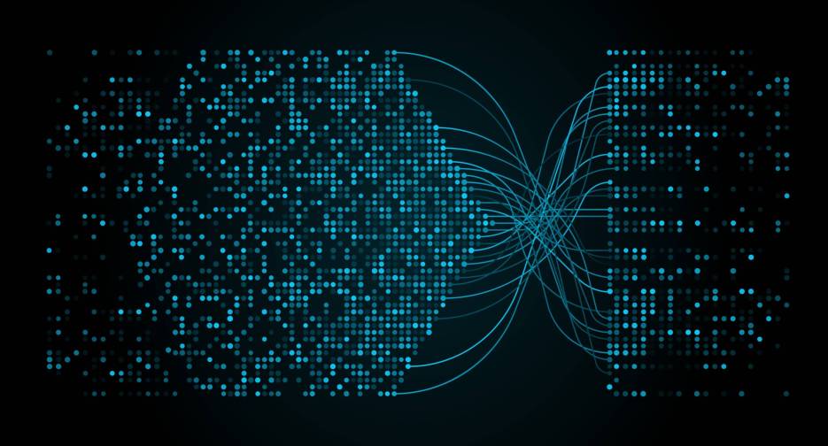 Big data visualization, digital information analysis and sorting. Network technology vector background with digital information flow and big data analytics stream of bright glow dots and wavy lines